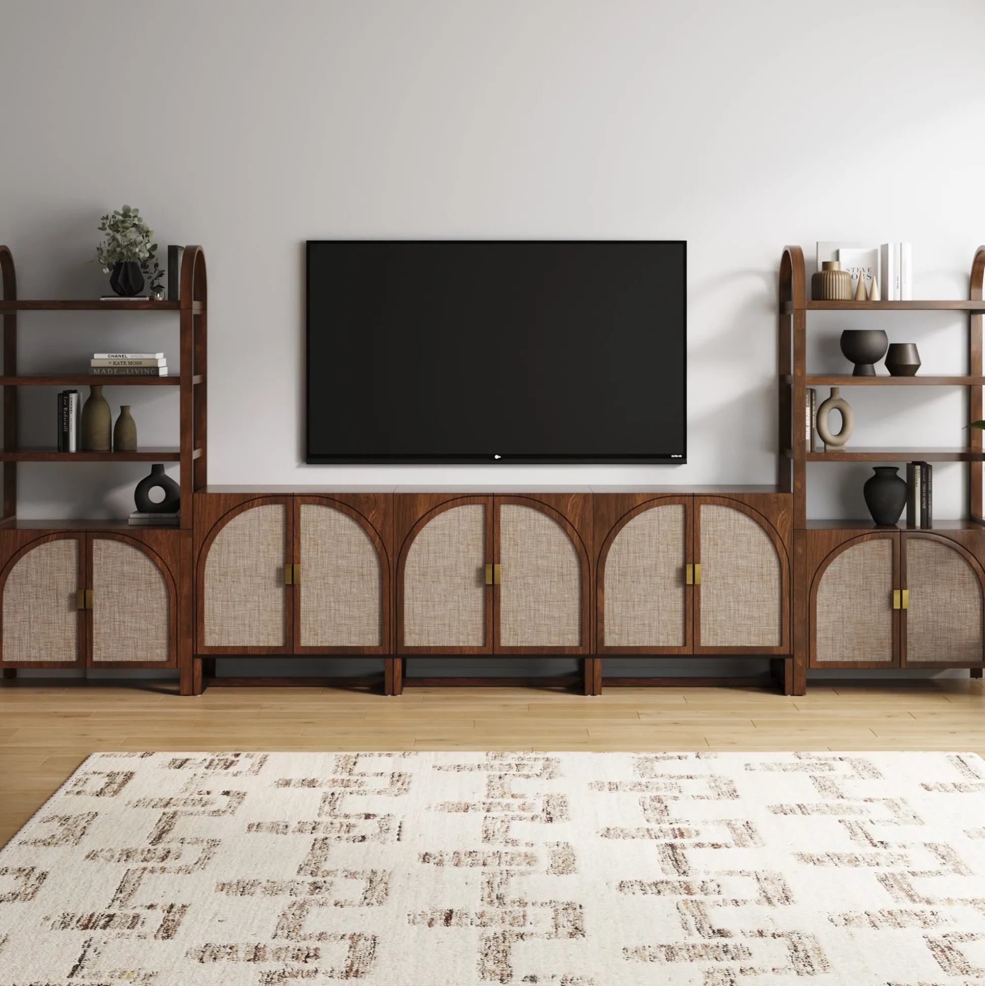 Arched Bookshelf Entertainment Center for 75" TV Dark Acacia