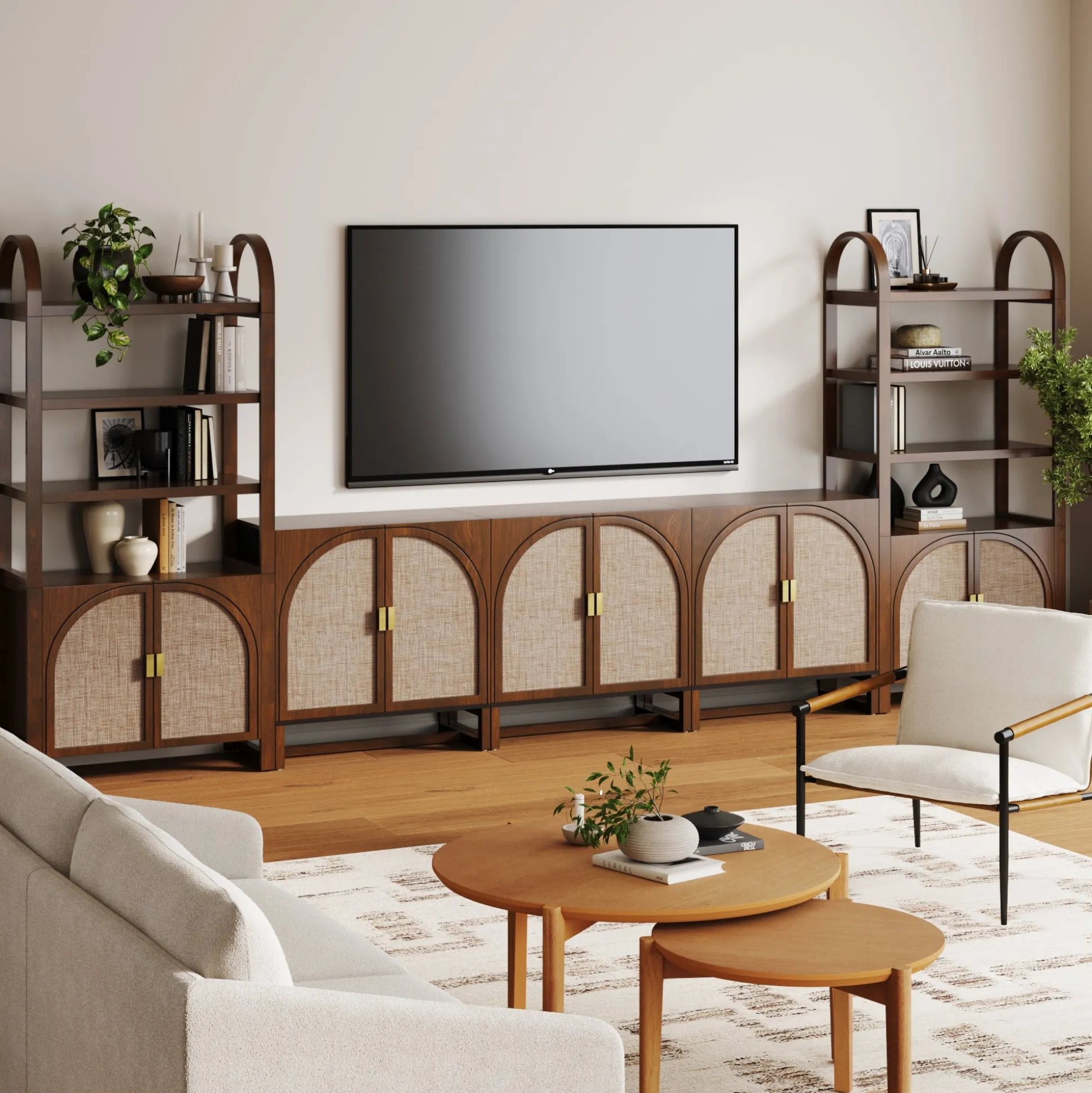 Arched Bookshelf Entertainment Center for 75" TV Dark Acacia