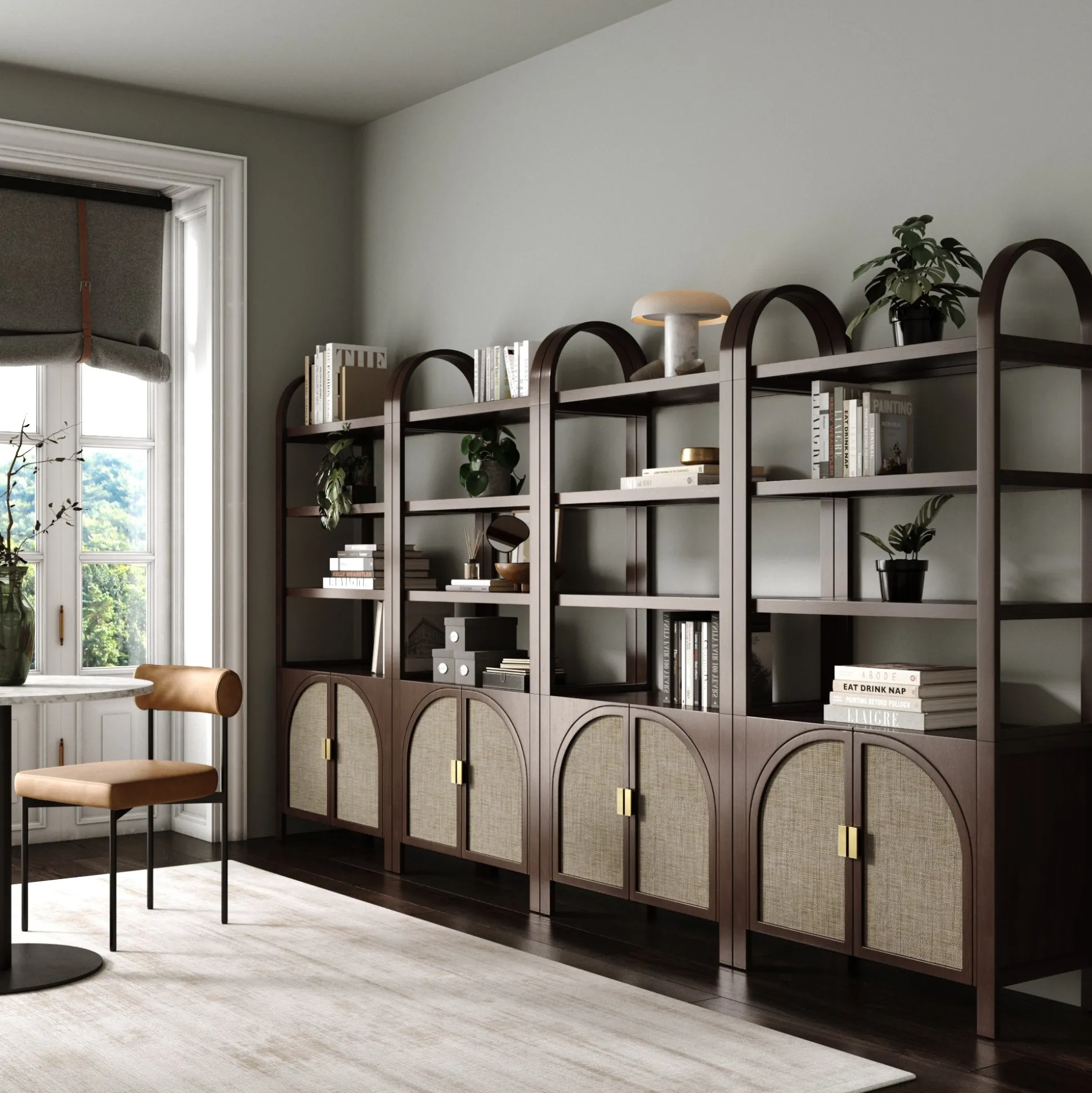 Arched Door Rattan Bookshelf with Doors Dark Acacia (Set of 4)