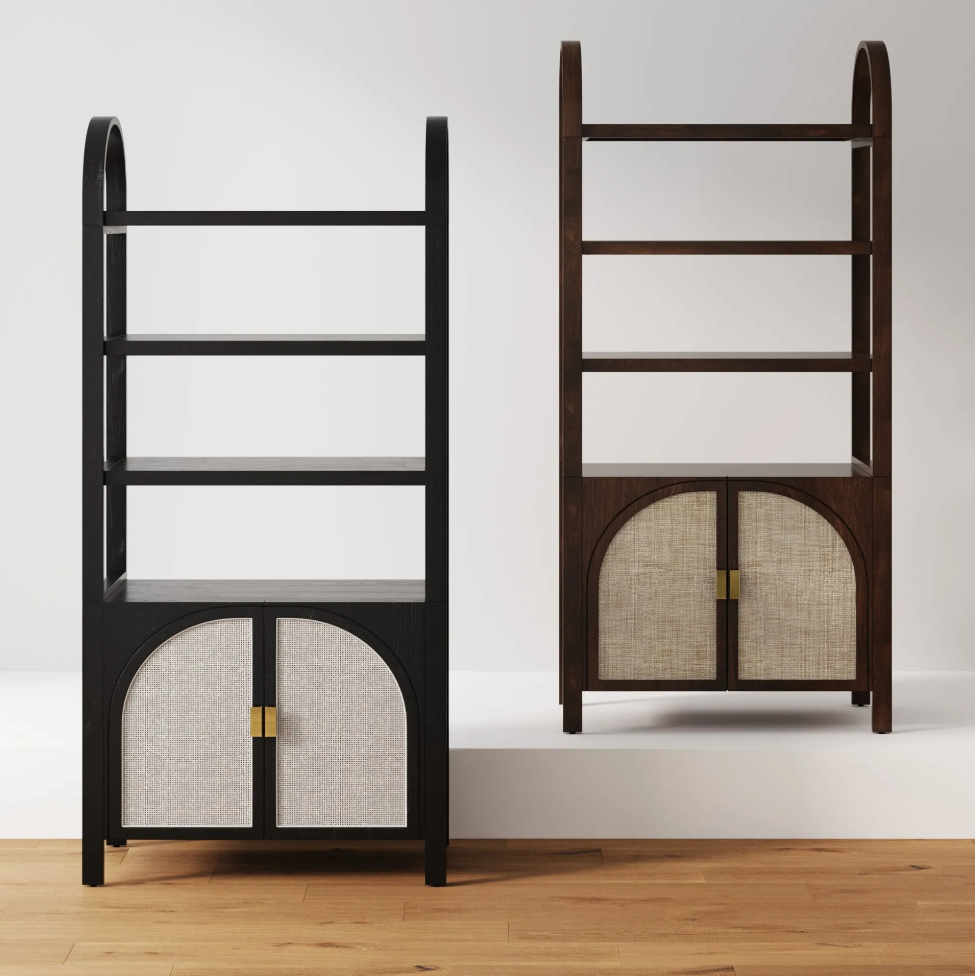 Arched Door Rattan Bookshelf with Doors Dark Acacia (Set of 4)