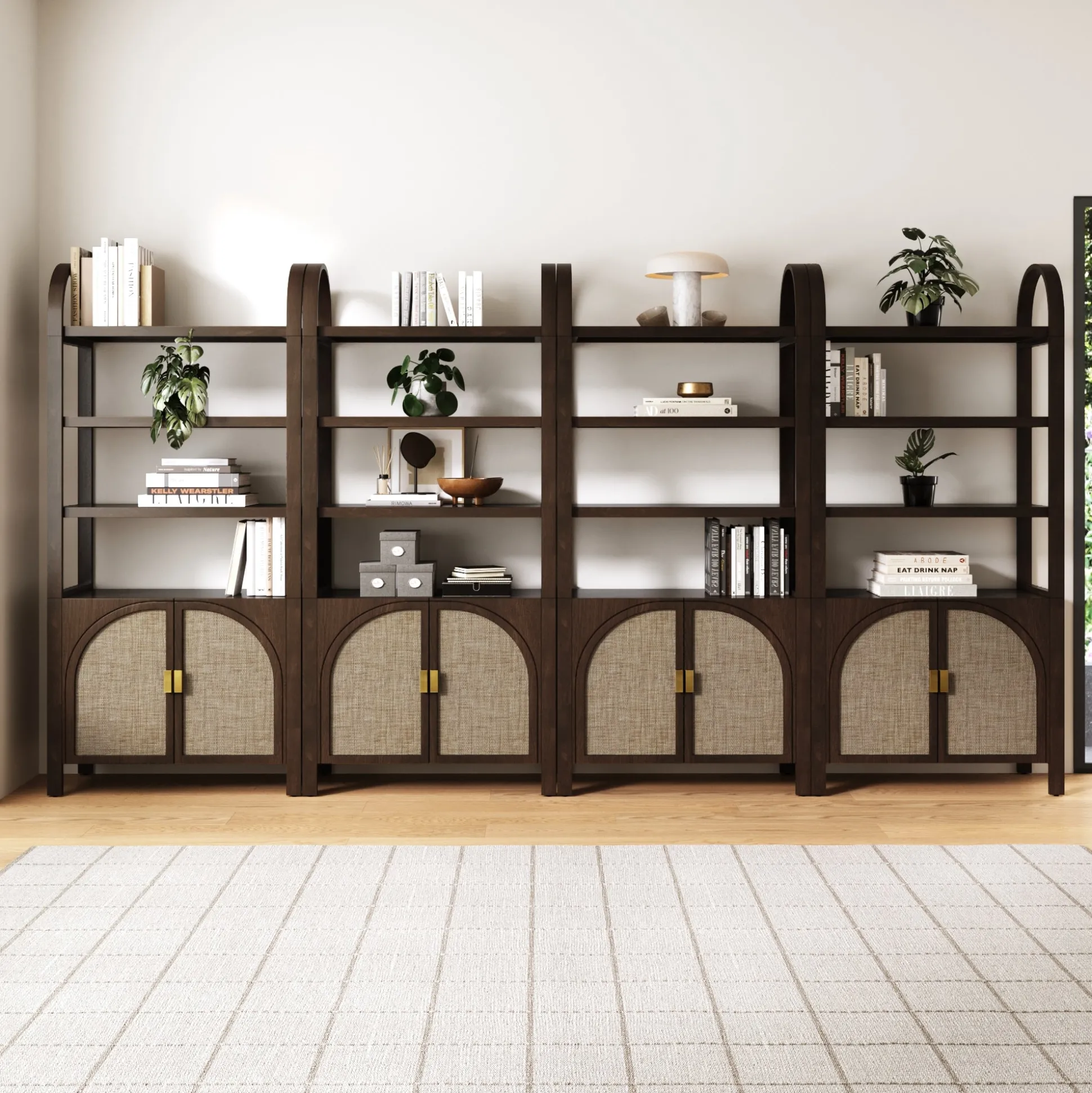 Arched Door Rattan Bookshelf with Doors Dark Acacia (Set of 4)
