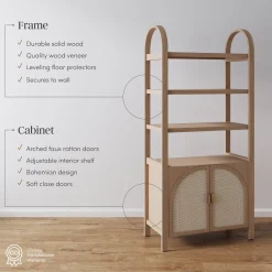 Arched Door Rattan Bookshelf with Doors Raw Oak