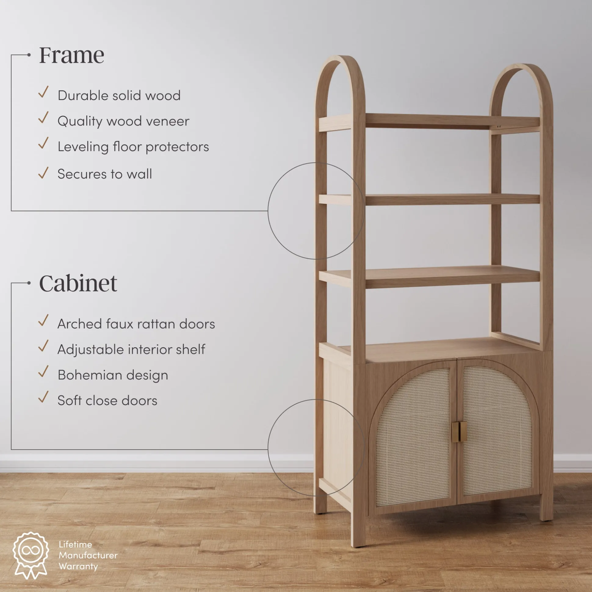 Arched Door Rattan Bookshelf with Doors Raw Oak