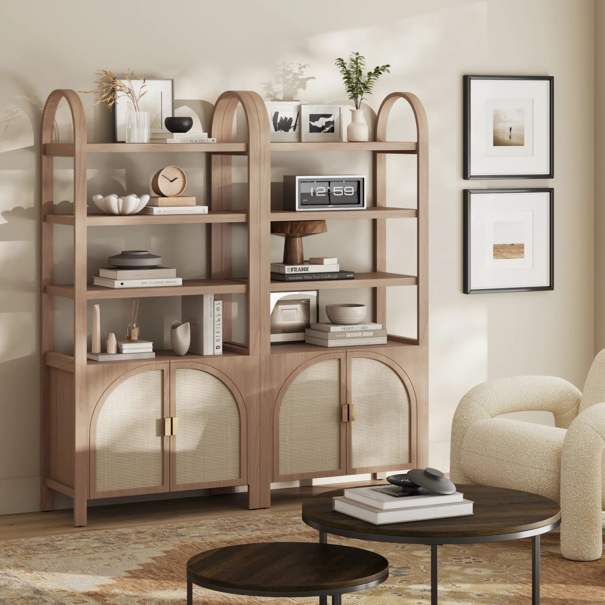 Arched Door Rattan Bookshelf with Doors Raw Oak