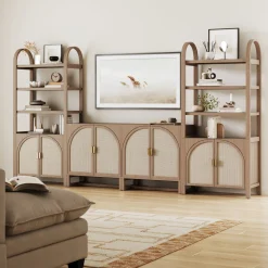 Arched Door Rattan Bookshelf with Doors Raw Oak