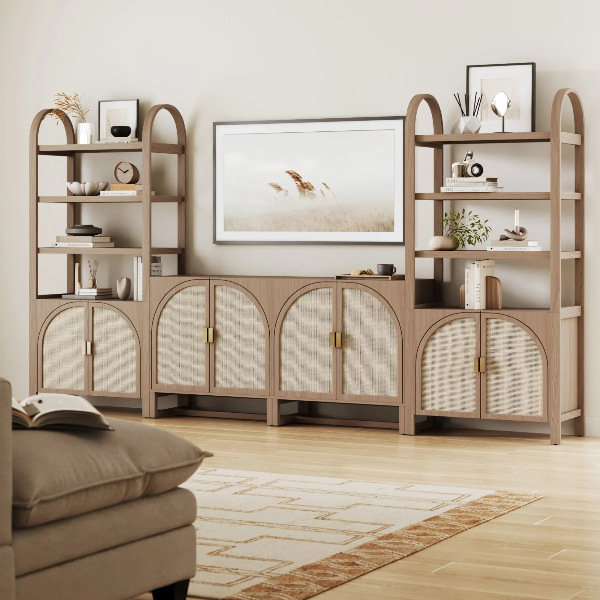 Arched Door Rattan Bookshelf with Doors Raw Oak
