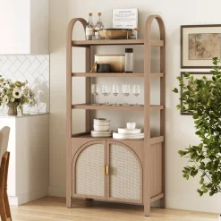 Arched Door Rattan Bookshelf with Doors Raw Oak
