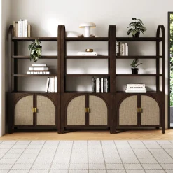 Arched Door Rattan Bookshelf with Doors Dark Acacia (Set of 3)
