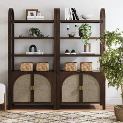 Arched Door Rattan Bookshelf with Doors Dark Acacia (Set of 2)