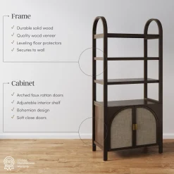 Arched Door Rattan Bookshelf with Doors Dark Acacia (Set of 2)