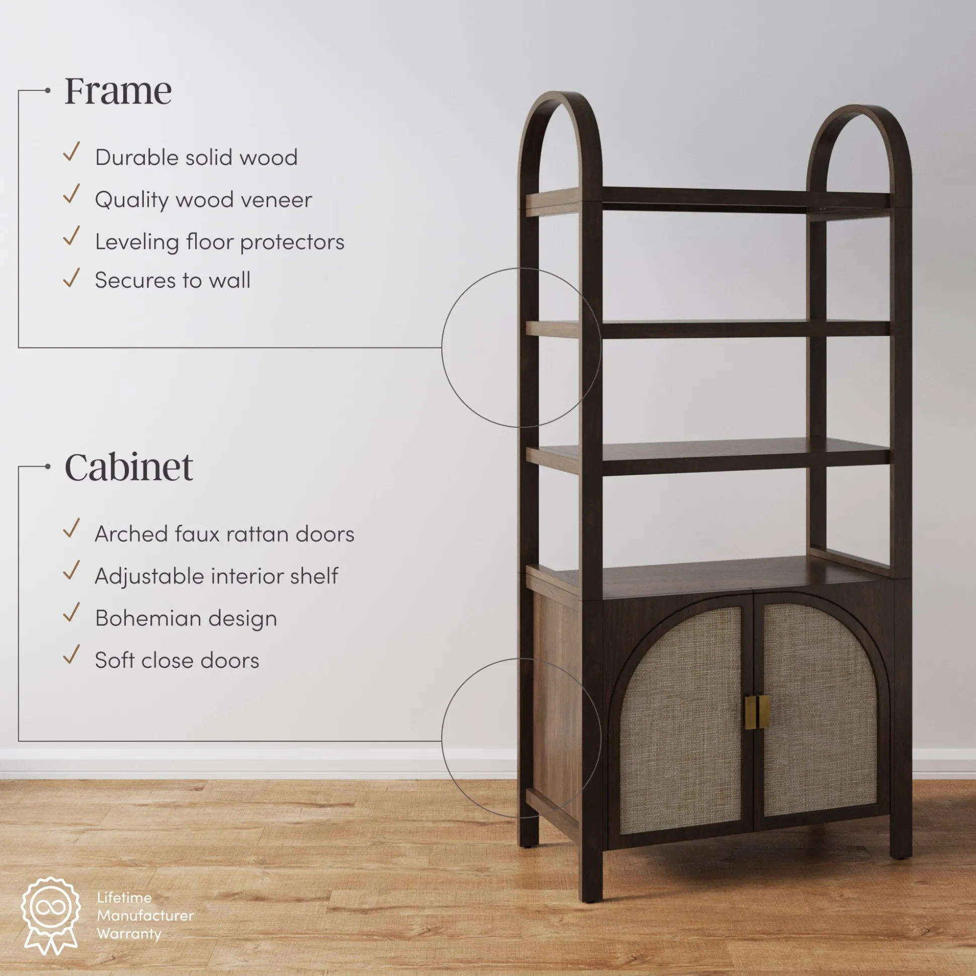 Arched Door Rattan Bookshelf with Doors Dark Acacia