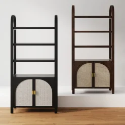 Arched Door Rattan Bookshelf with Doors Dark Acacia