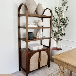 Arched Door Rattan Bookshelf with Doors Dark Acacia