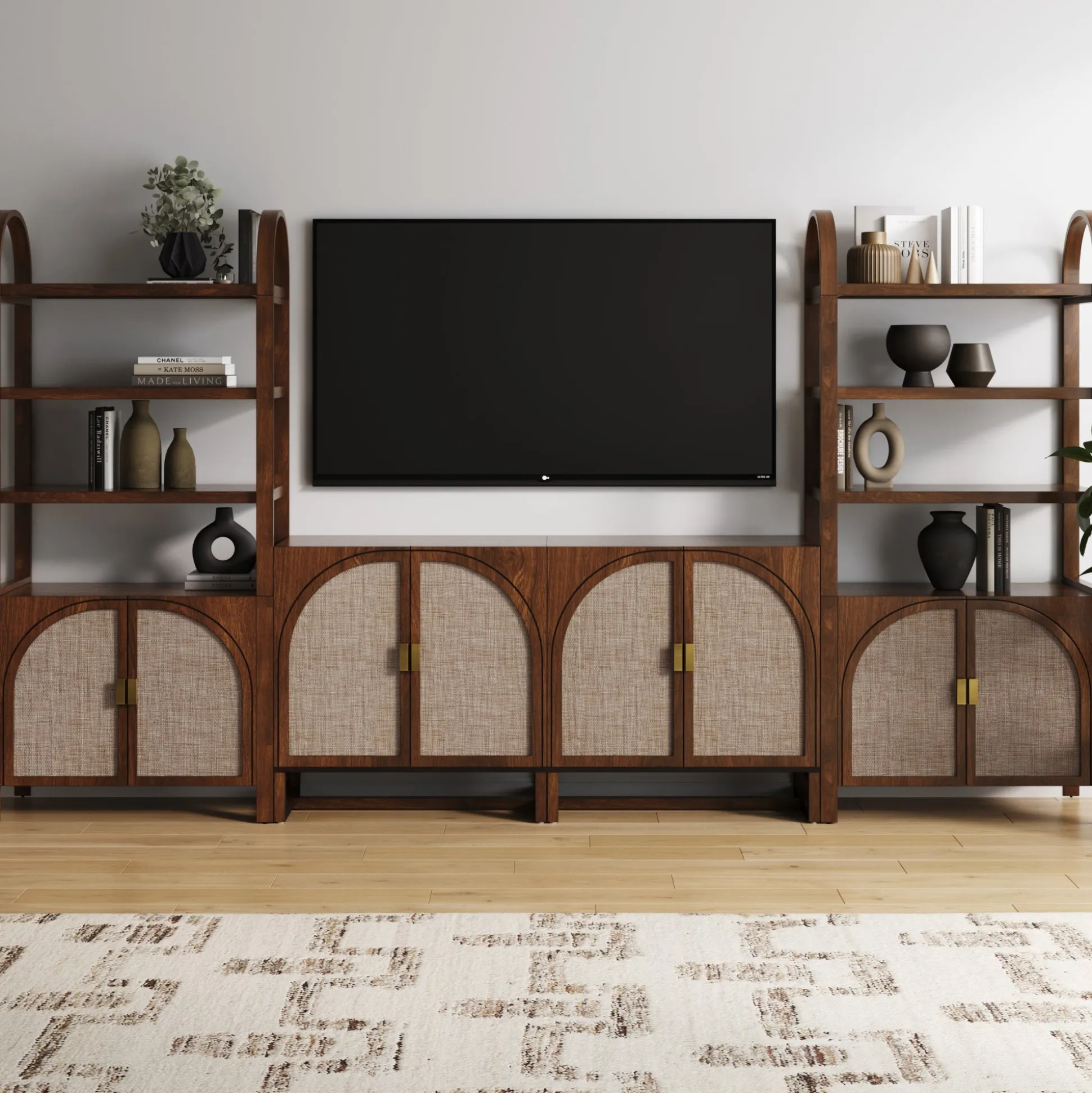 Arched Entertainment Center Wood Dark Acacia