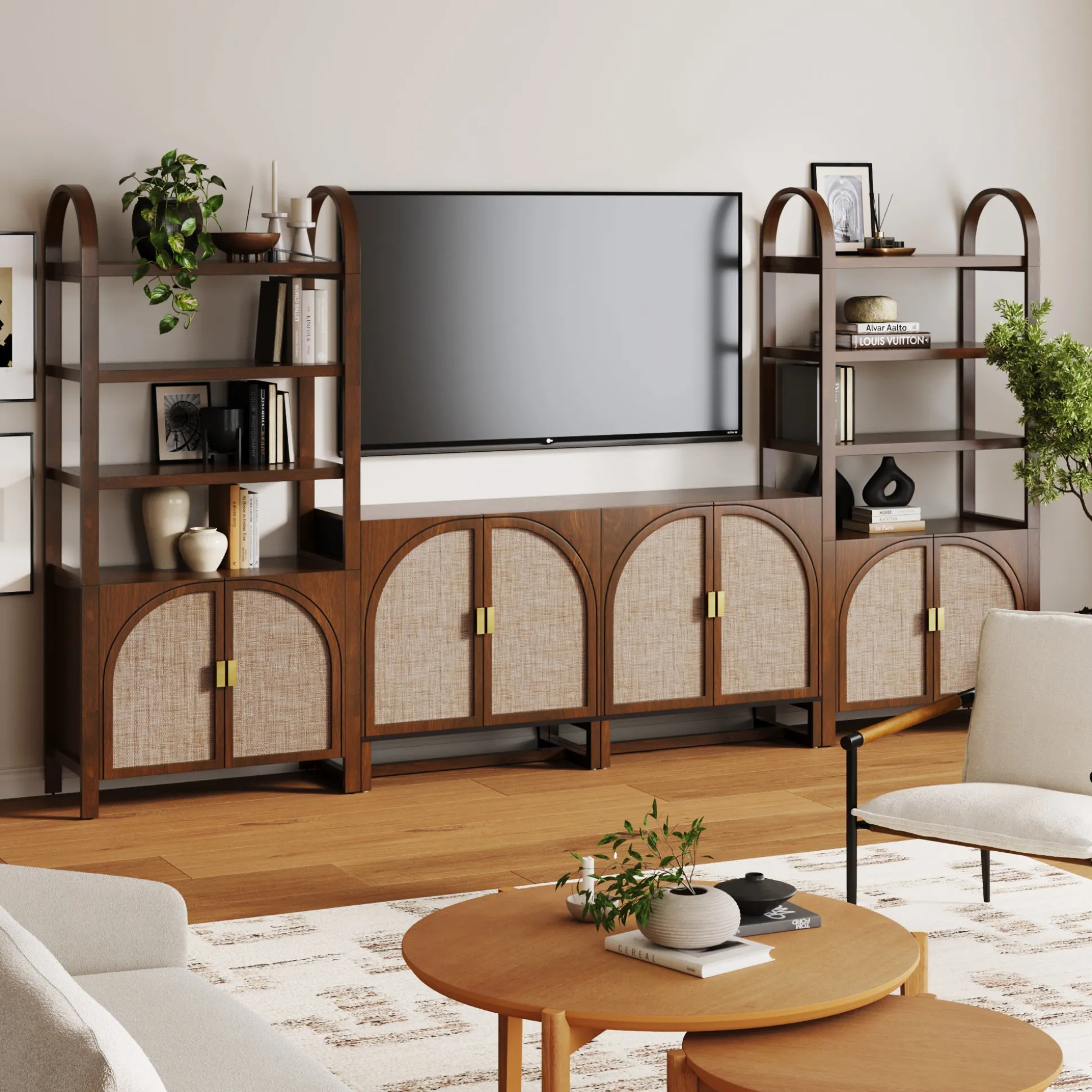 Arched Entertainment Center Wood Dark Acacia