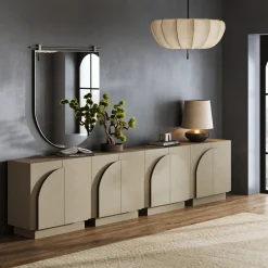 Arched Fabric Wrapped Storage Credenza with Doors Beige (Set of 4)