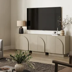 Arched Fabric Wrapped Storage Cabinet Credenza Beige (Set of 3)