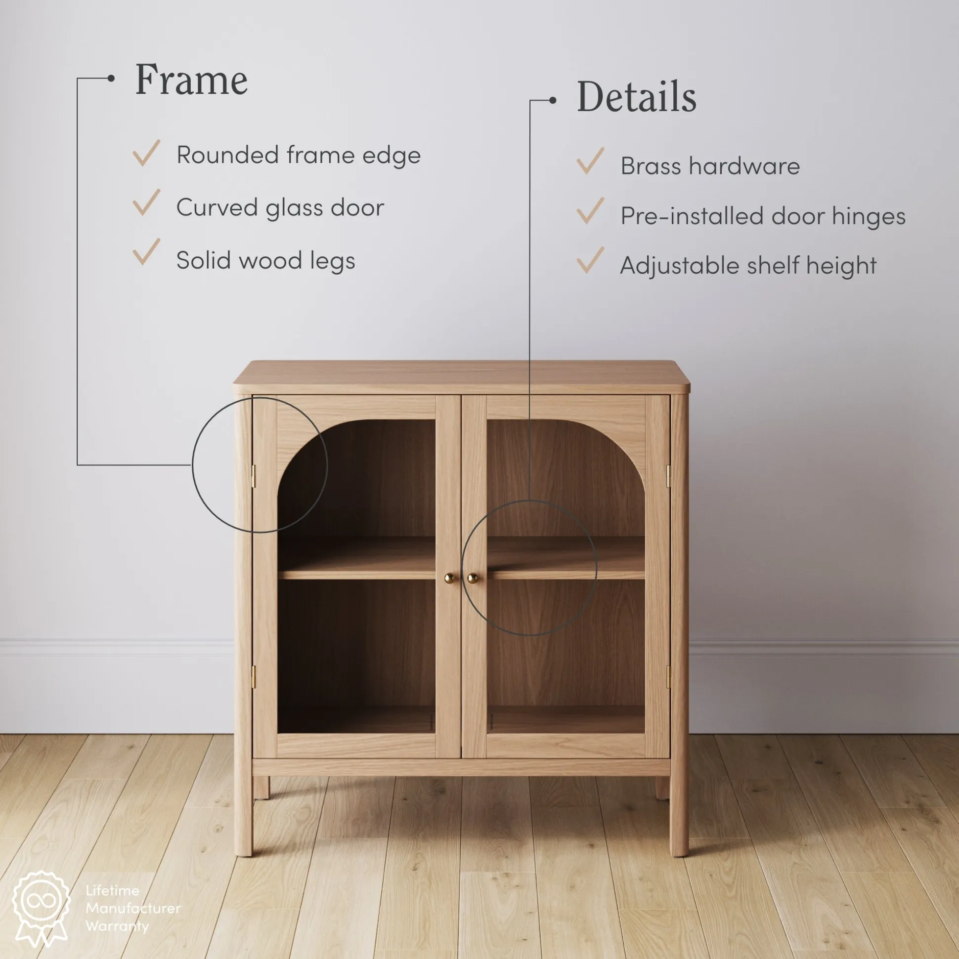 Arched Glass Door TV Console for TVs up to 65" Raw Oak