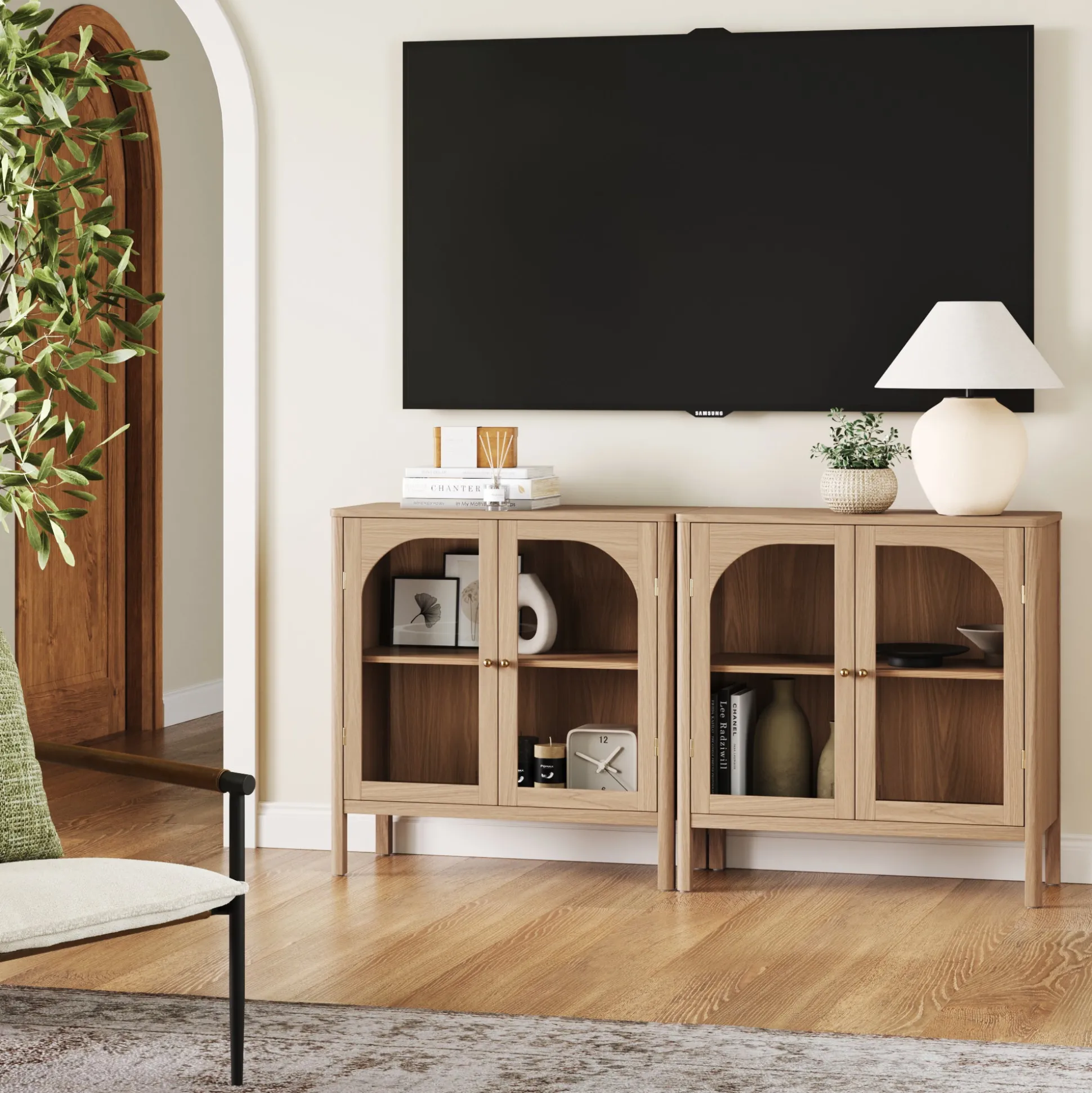 Arched Glass Door TV Console for TVs up to 65" Raw Oak