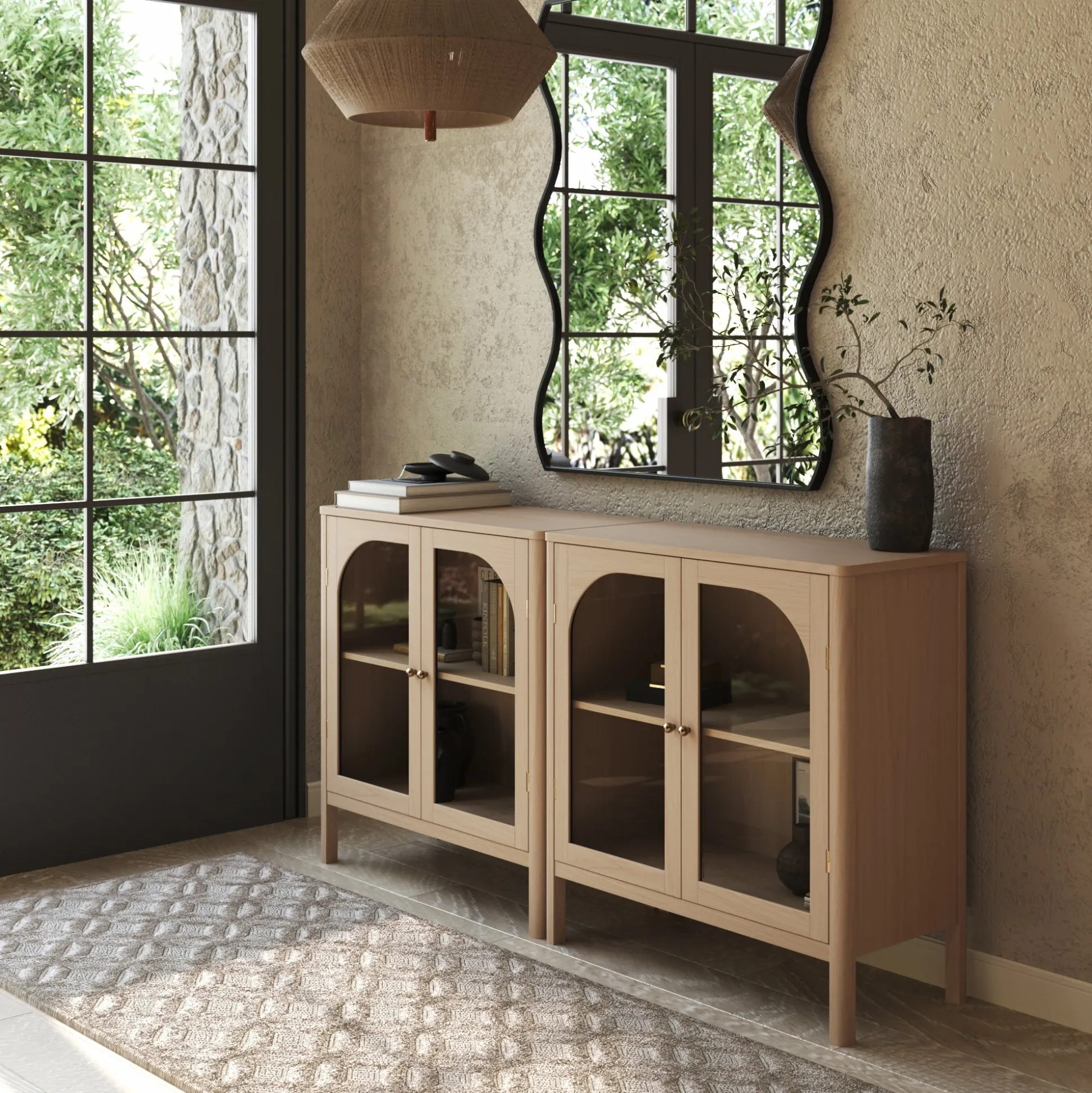 Arched Glass Door TV Console for TVs up to 65" Raw Oak