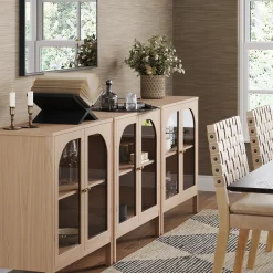 Arched Glass Door TV Console for TVs up to 75" Raw Oak