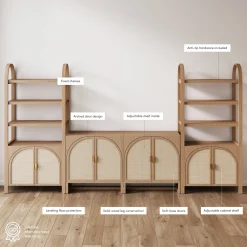 Arched Rattan Entertainment Center Wall Unit with Bookshelves (65" TV)