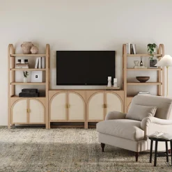Arched Rattan Entertainment Center Wall Unit with Bookshelves (65