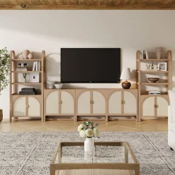 Arched Rattan Entertainment Center Wall Unit with Bookshelves (75" TV)