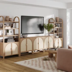 Arched Rattan Entertainment Center Wall Unit with Bookshelves (75