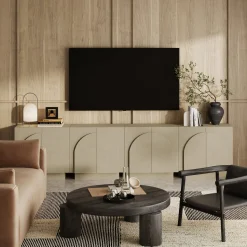 Arched TV Console Cabinet for TVs up to 100" Beige Linen