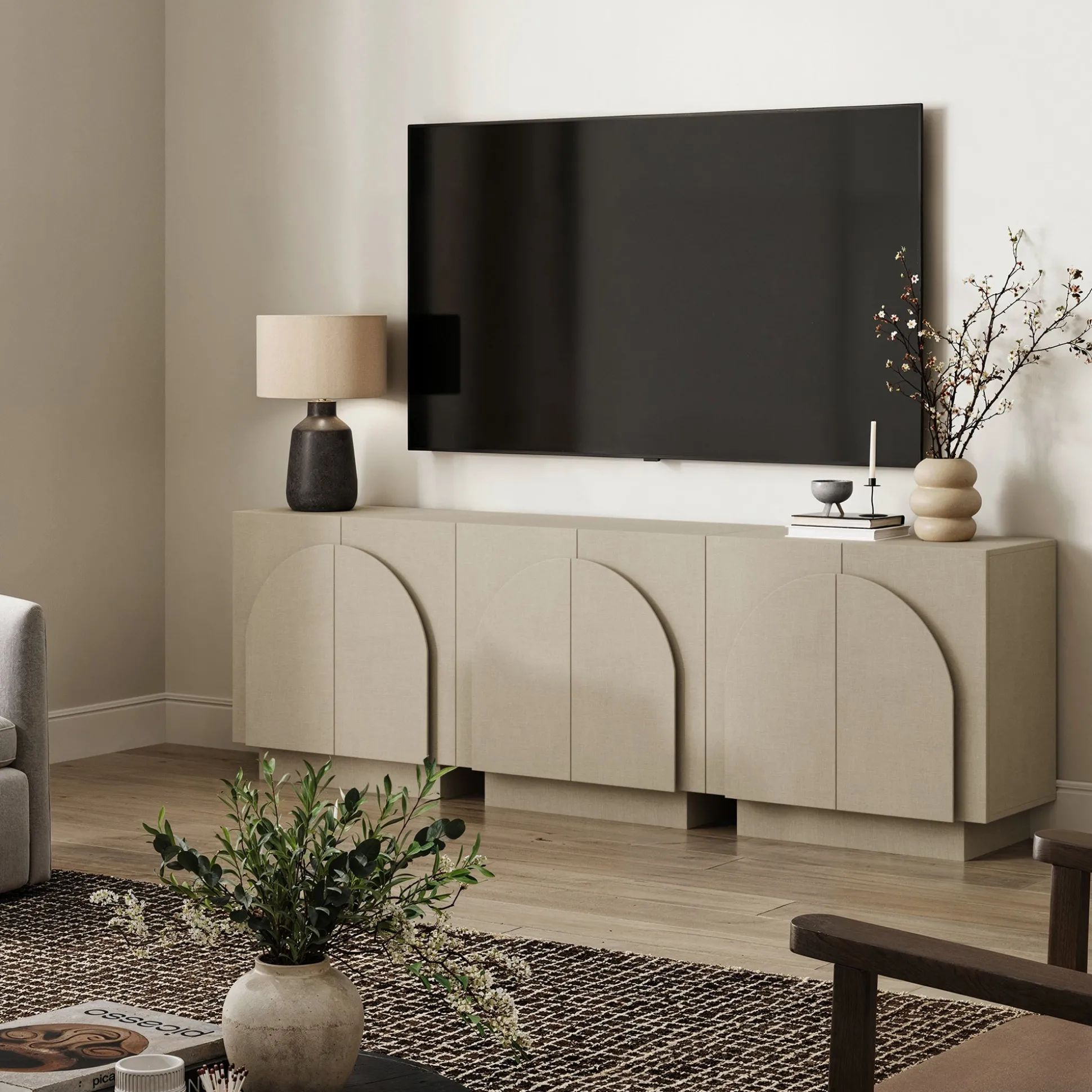 Arched TV Console Cabinet for TVs up to 75" Beige Linen