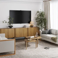 Arched Wood Accent Cabinet or Kitchen Credenza Light Brown (Set of 3)