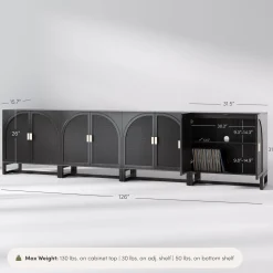 Arched Wooden Storage Credenza Black Rattan (Set of 4)