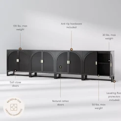 Arched Wooden Storage Credenza Black Rattan (Set of 4)