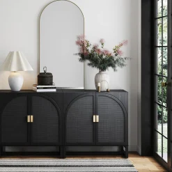 Arched Wooden Storage Credenza Black Rattan (Set of 2)