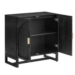 Arched Wooden Storage Credenza Black Rattan (Set of 2)