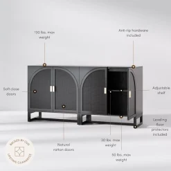 Arched Wooden Storage Credenza Black Rattan (Set of 2)