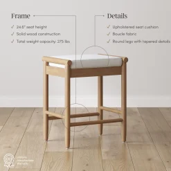 Backless Wooden Bar Stool with Boucle Upholstery Light Brown (Set of 2)