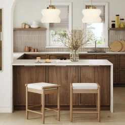 Backless Wooden Bar Stool with Boucle Upholstery Light Brown (Set of 2)