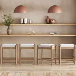 Backless Wooden Bar Stool with Boucle Upholstery Light Brown (Set of 4)