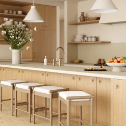Backless Wooden Bar Stool with Boucle Upholstery Light Brown (Set of 4)