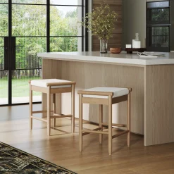Backless Wooden Bar Stool with Boucle Upholstery Light Brown