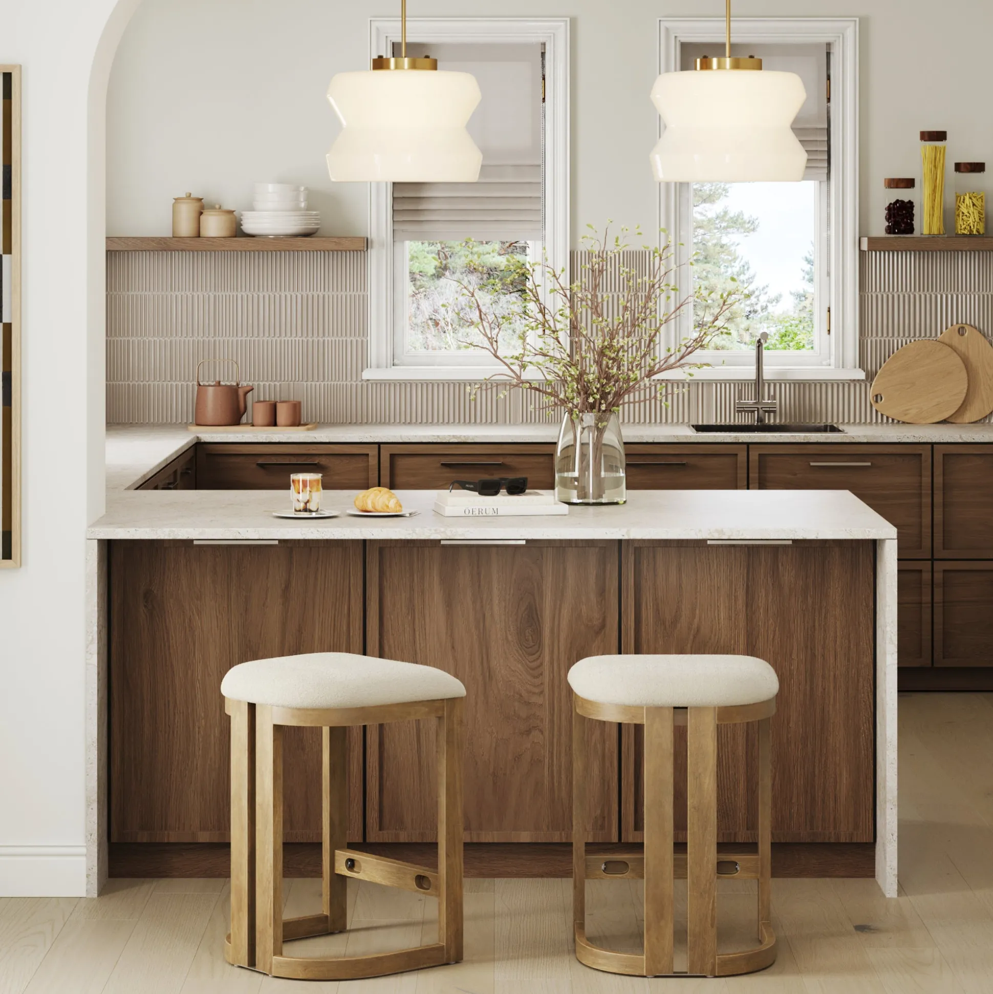 Barrel Wooden Backless Bar Stool Light Brown Set of 2