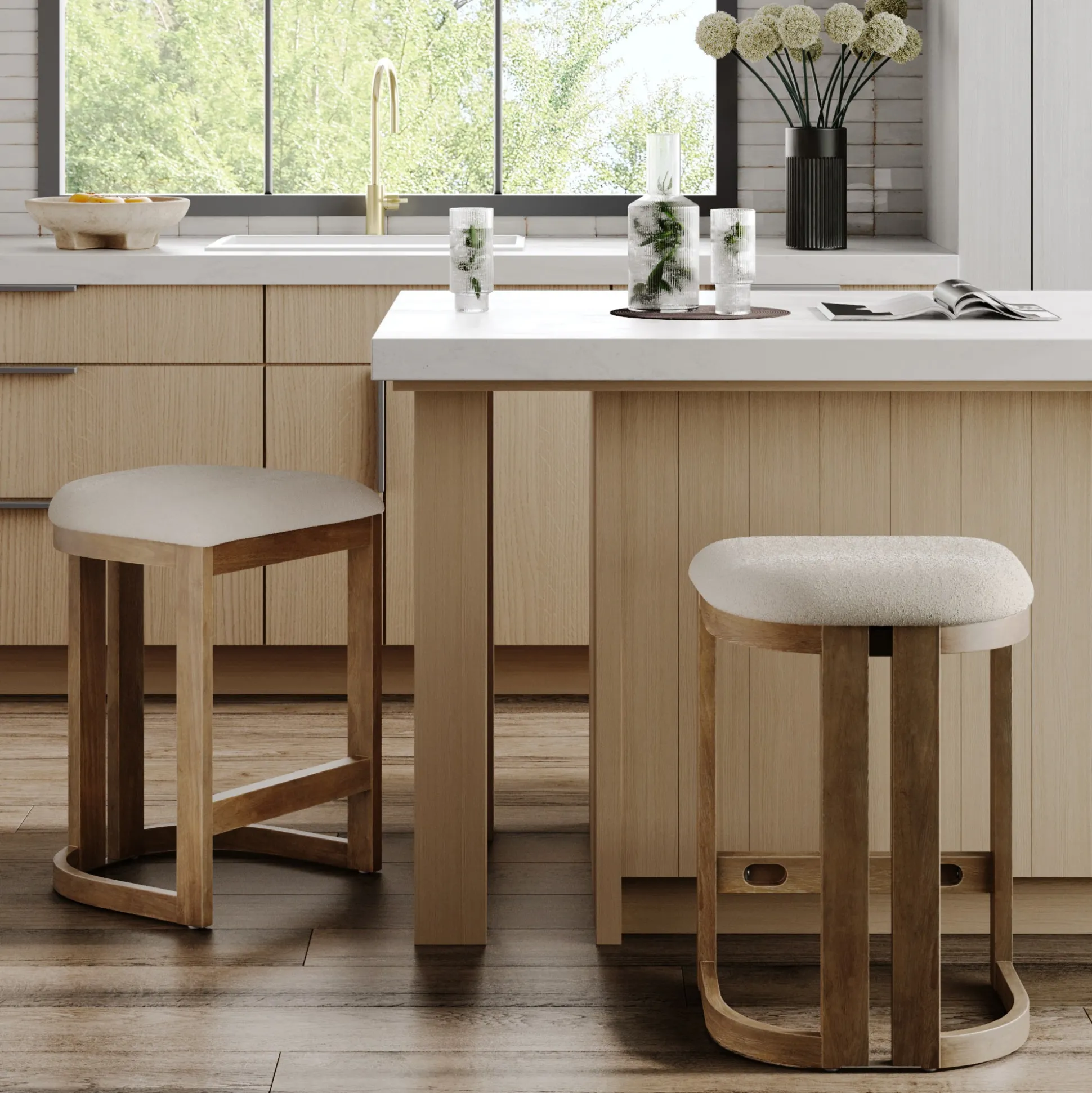 Barrel Wooden Backless Bar Stool Light Brown Set of 2