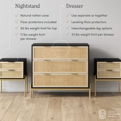 Black & Gold Rattan Nightstand and Dresser Set