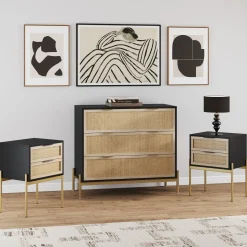 Black & Gold Rattan Nightstand and Dresser Set