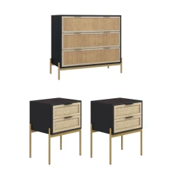 Black & Gold Rattan Nightstand and Dresser Set