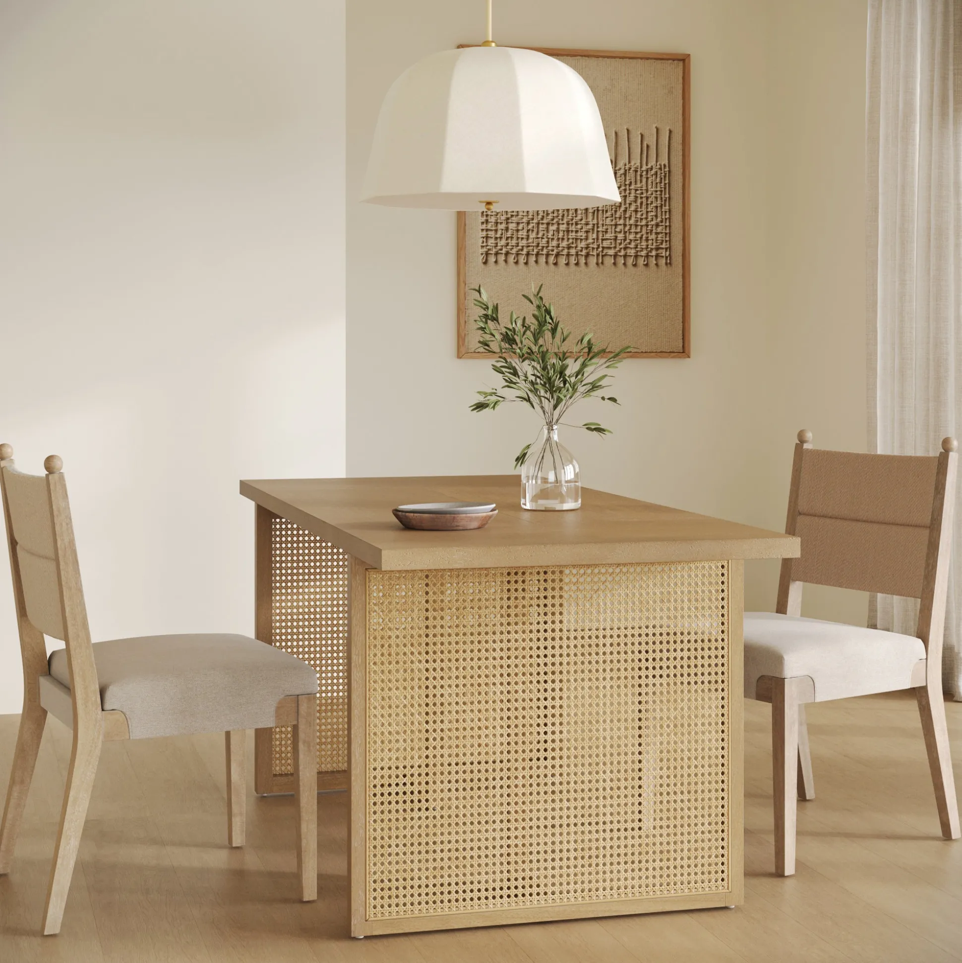 Bohemian Natural Wood & Rattan Dining Table Light Brown