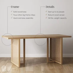 Bohemian Natural Wood & Rattan Dining Table Light Brown