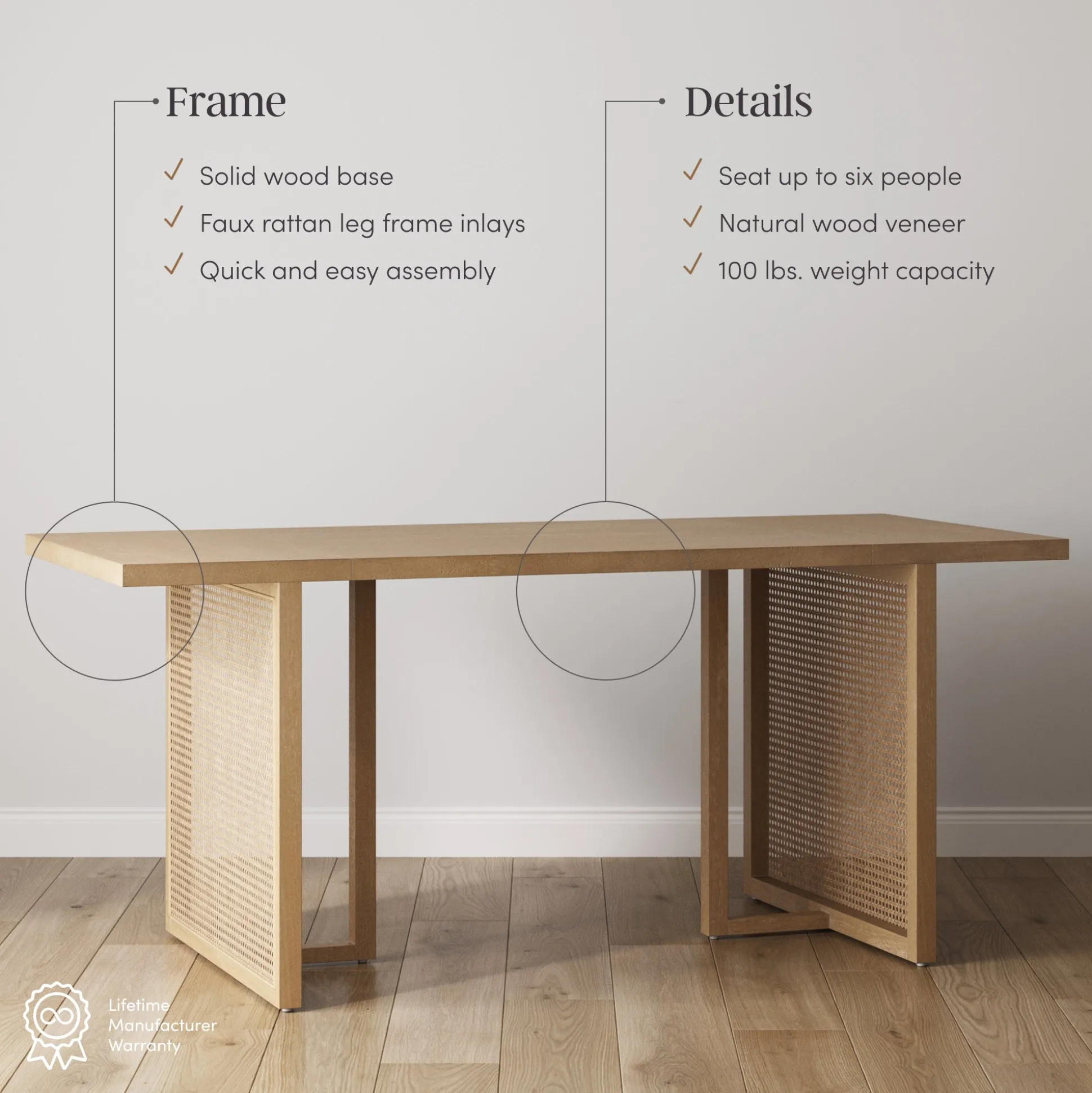 Bohemian Natural Wood & Rattan Dining Table Light Brown